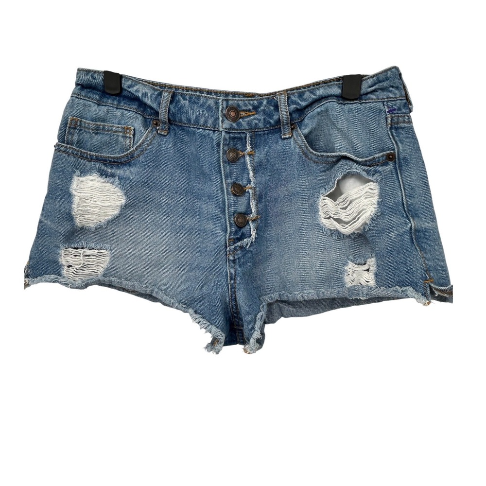 Forever 21 Womens Distressed Denim Shorts Button Fly Cut Off Size 28‎ High Rise